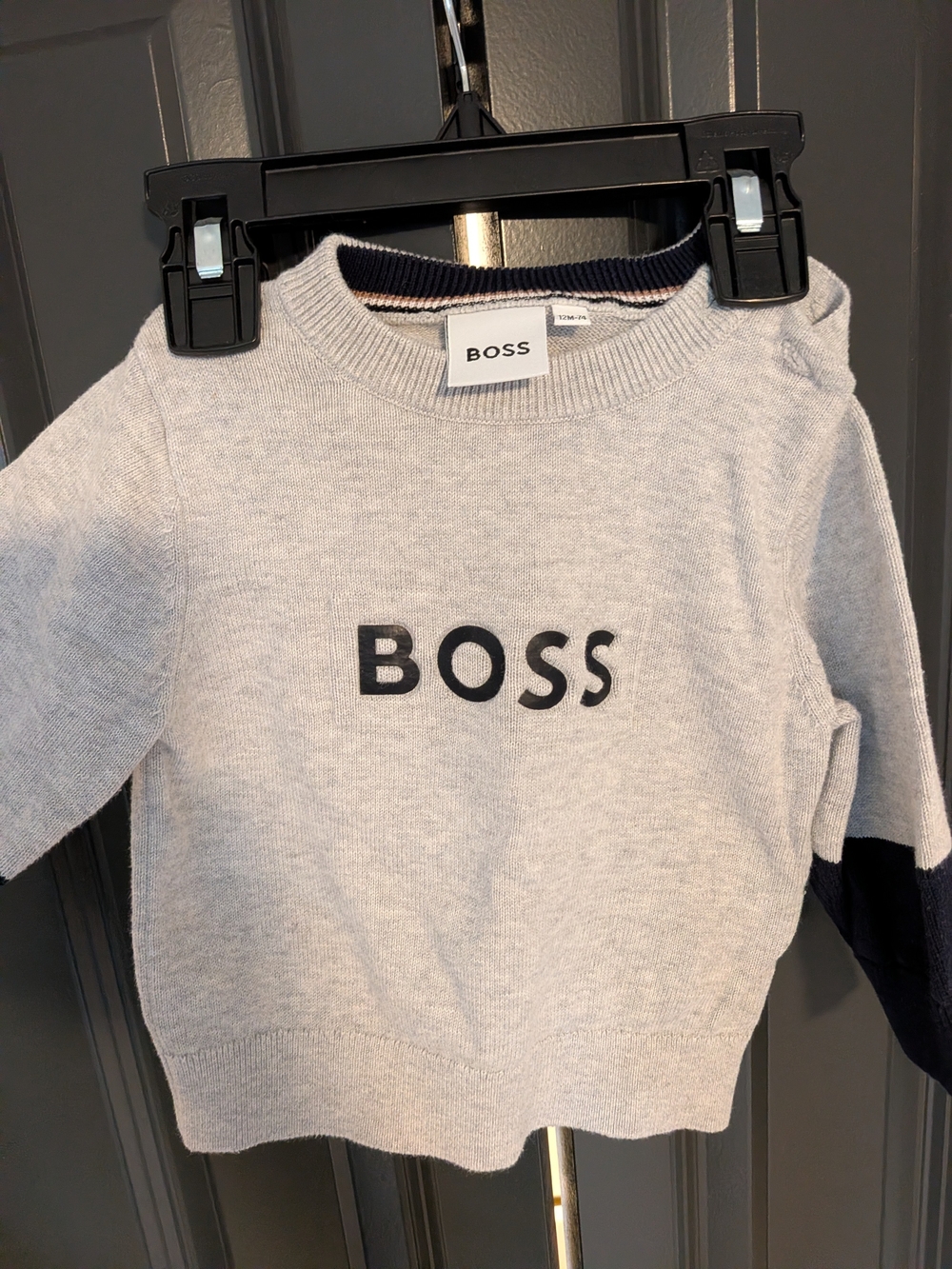 BOSS Light Gray Sweater with Navy Logo Detail